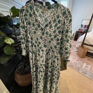 Sunday Up Green floral BOHO Pheasant Tiered layer Puff sleeve Maxi dress, L